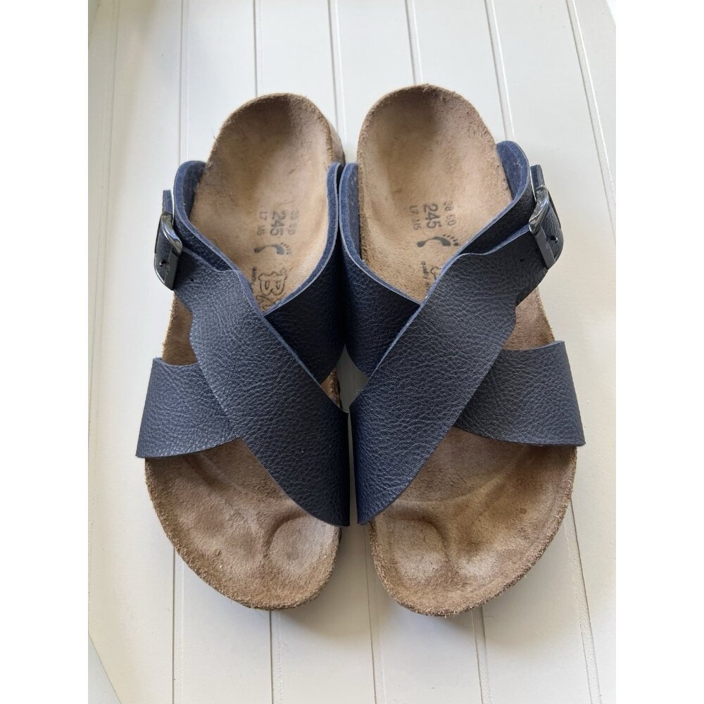 Birkis Birkenstock Womens Size 38 Womens 7 Mens 5 Blue Criss Cross Slide Sandals - Picture 6 of 12